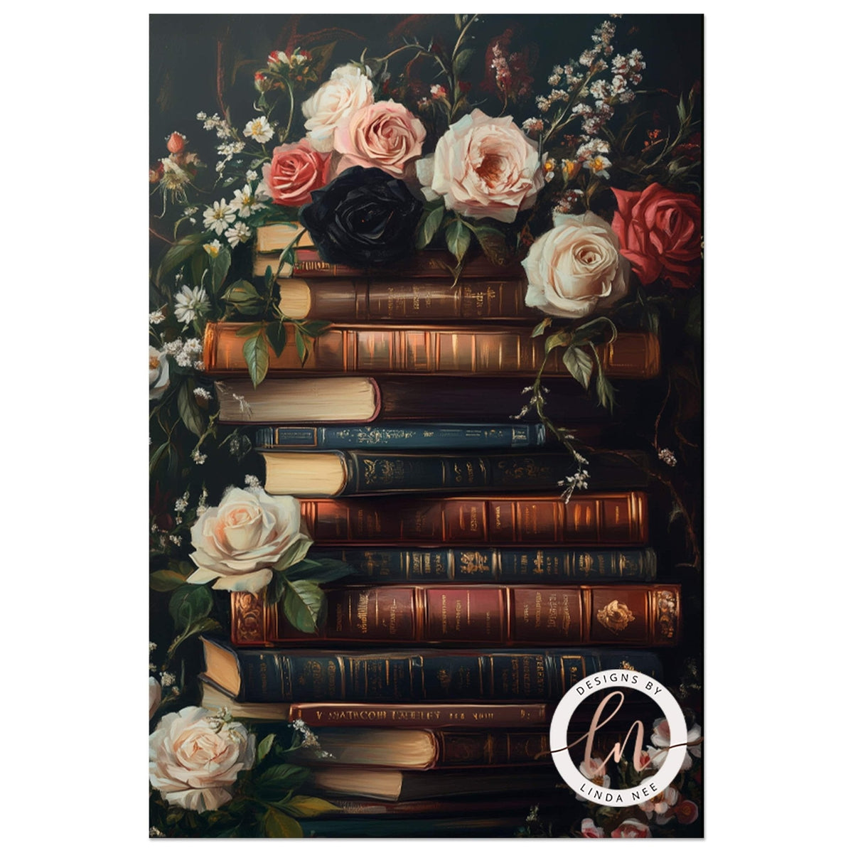 Ornate books topped with a floral arrangement of roses