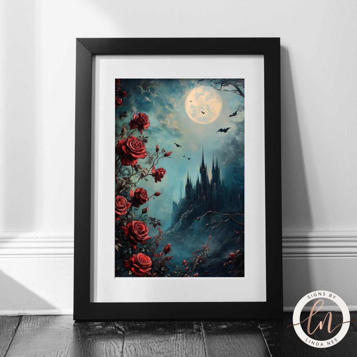 Castle under a full moon with red roses blooming in the foreground