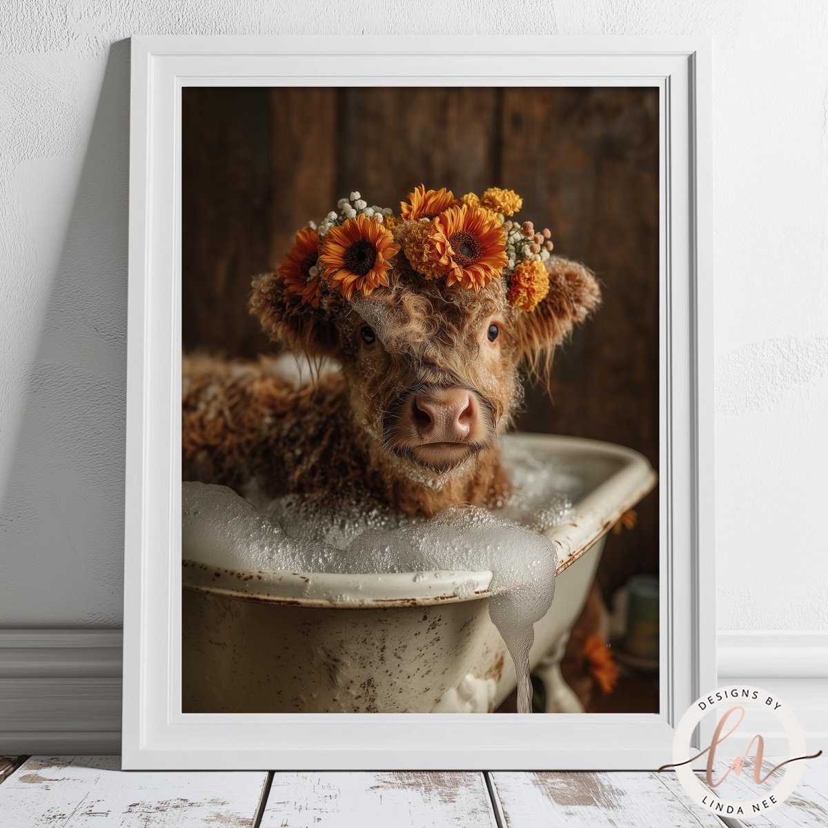 A brown cow with a flower crown is sitting in a white bathtub filled with bubbles, creating a whimsical and charming scene.