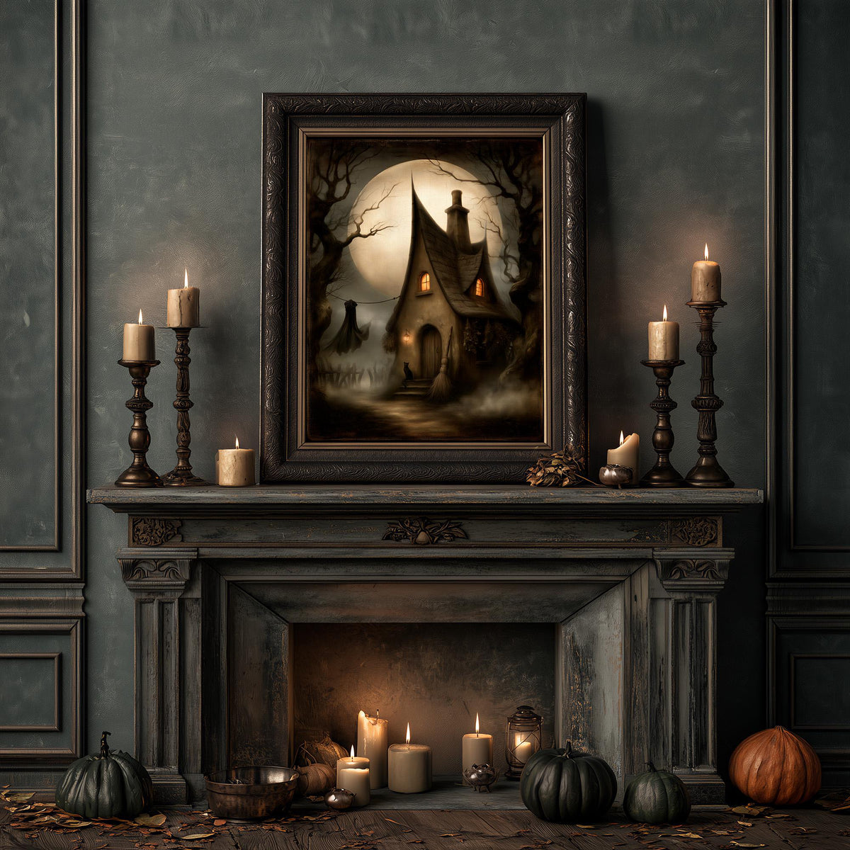 Cozy hearth with candles and pumpkins beneath the moonlit witch house artwork