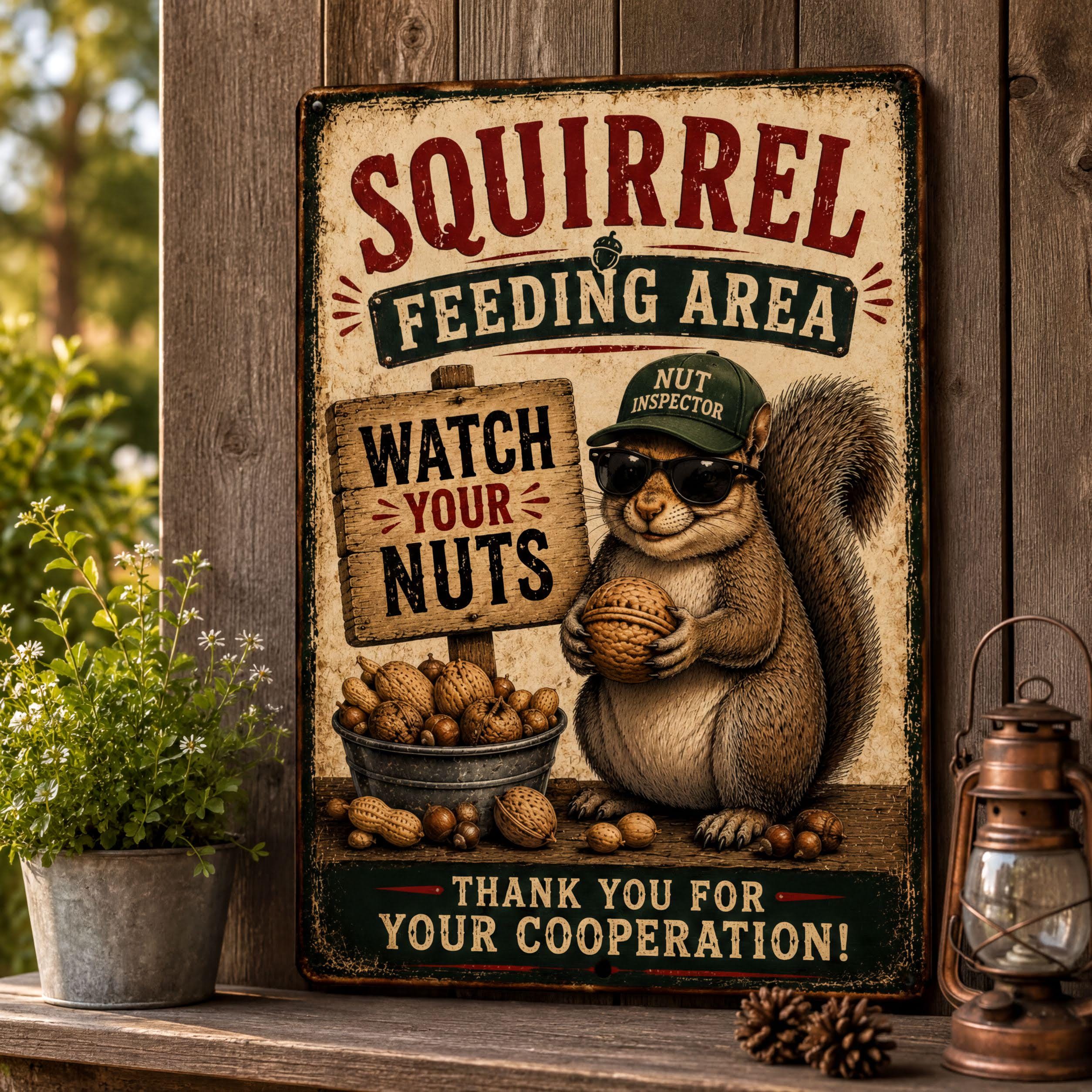 a vintage-style sign with a squirrel wearing sunglasses and holding a sign that says "Watch Your Nuts", surrounded by nuts and a potted plant.