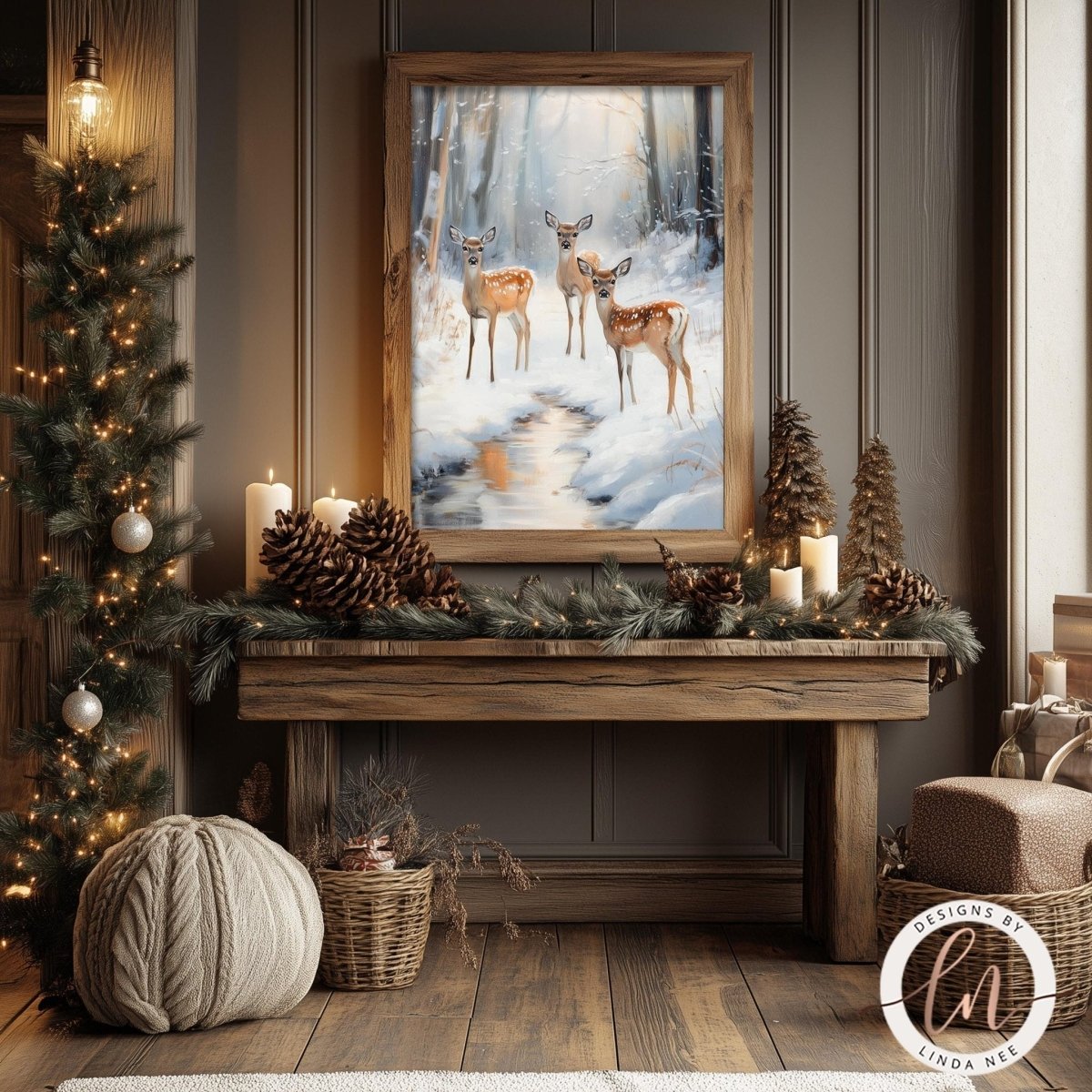Deer trio wall art styled on a console table with pine cones and greenery