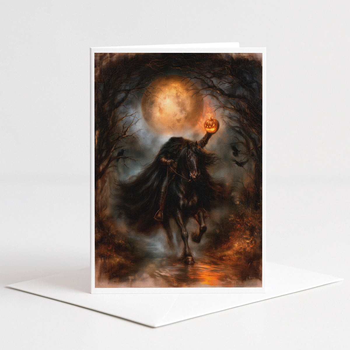 Cloaked rider on a black horse holding a glowing jack o lantern in moonlit woods, 5x7 note card