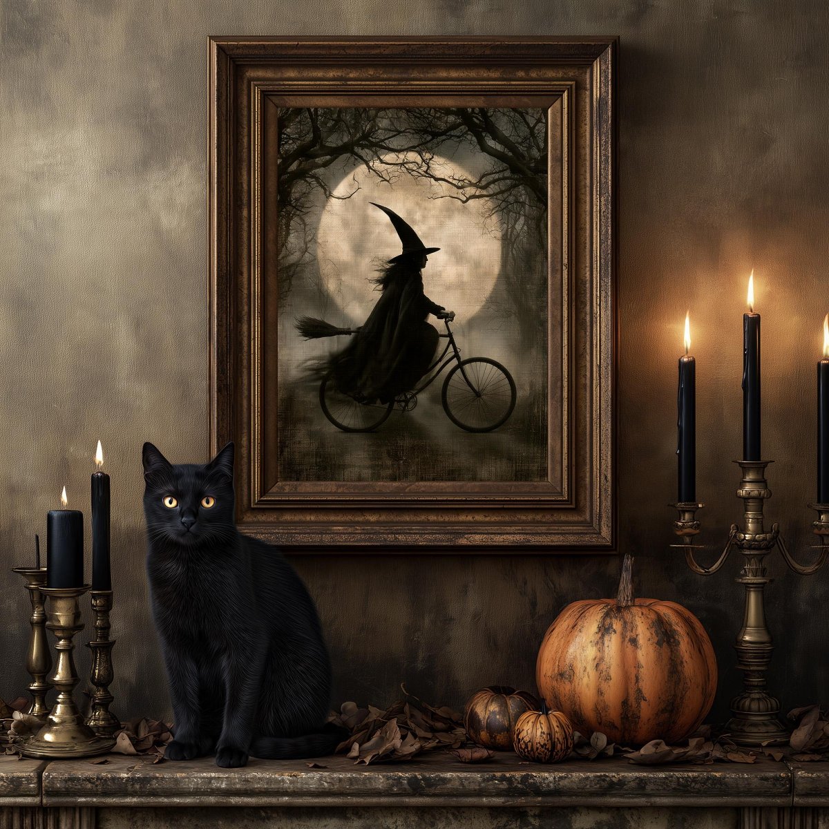 Black cat on a mantel in front of the witch on a bicycle art print