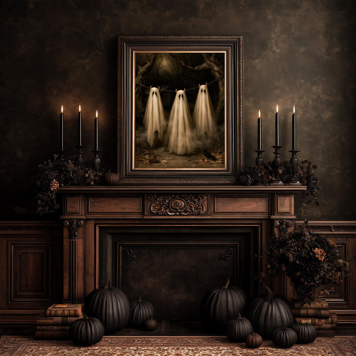Fireplace dressed with pumpkins and candles under the vintage ghost wall art