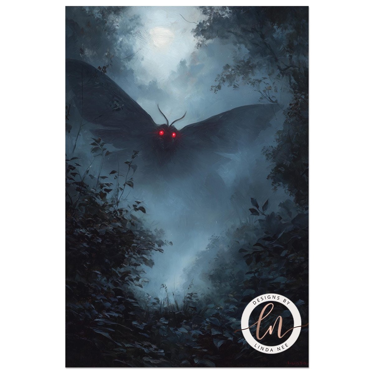 A large, ominous-looking moth with glowing red eyes is hovering in a dark, misty forest, creating an eerie and mysterious atmosphere.