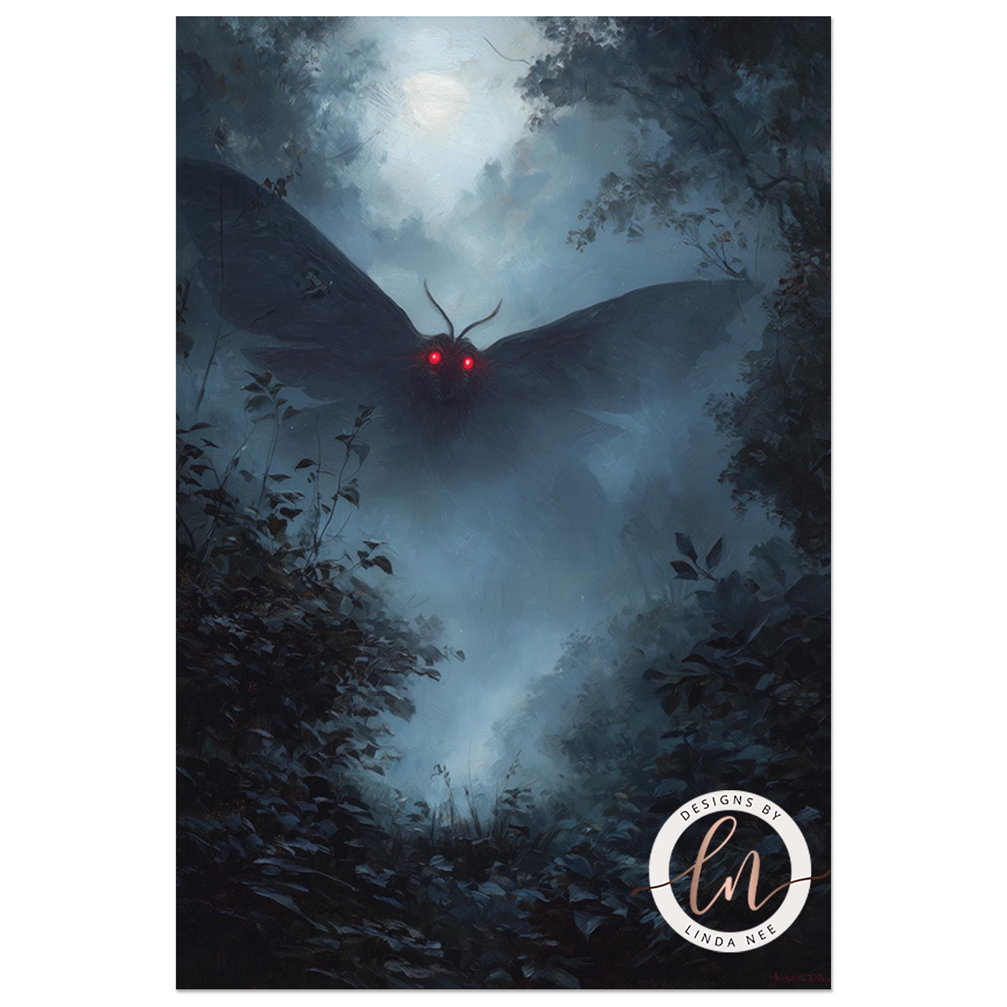 A large, ominous-looking moth with glowing red eyes is hovering in a dark, misty forest, creating an eerie and mysterious atmosphere.