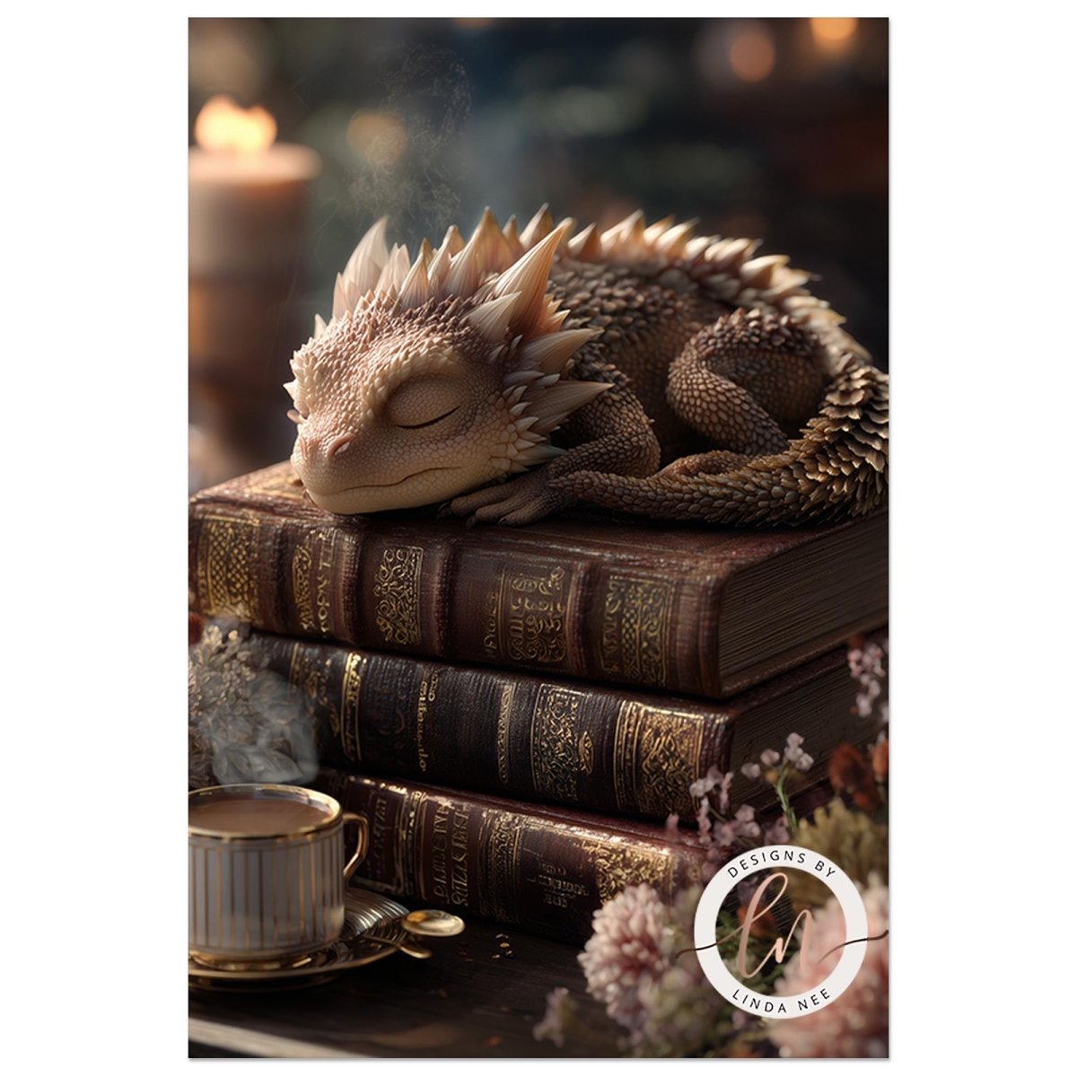 A decorative dragon figurine is resting on top of a stack of books, with a cup of tea nearby.