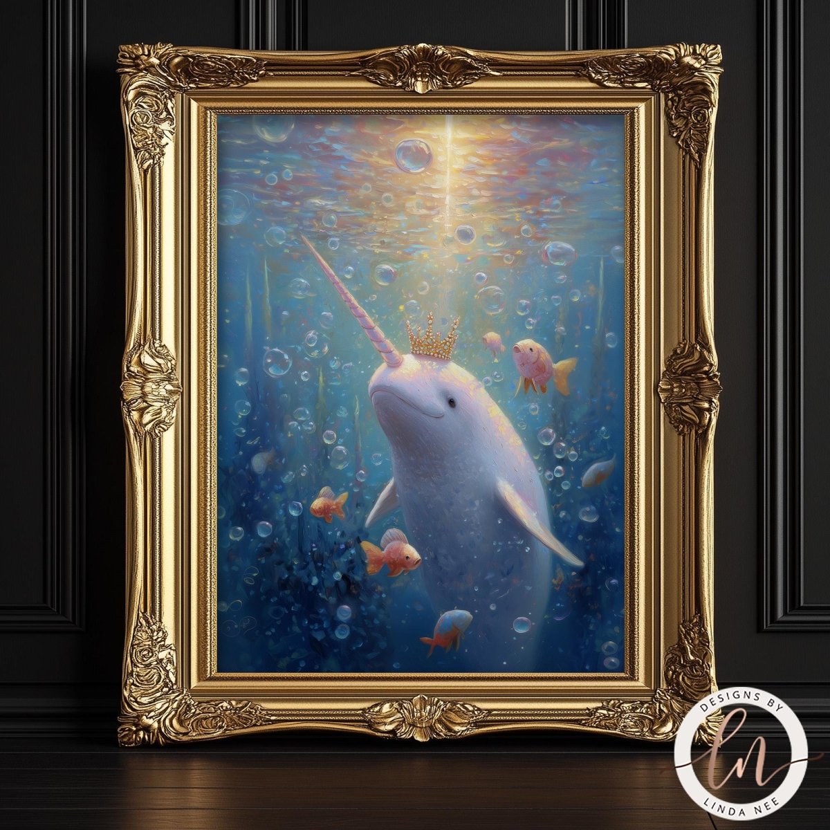 A framed painting depicting a white narwhal with a golden crown, surrounded by bubbles and fish, set against a blue underwater background.