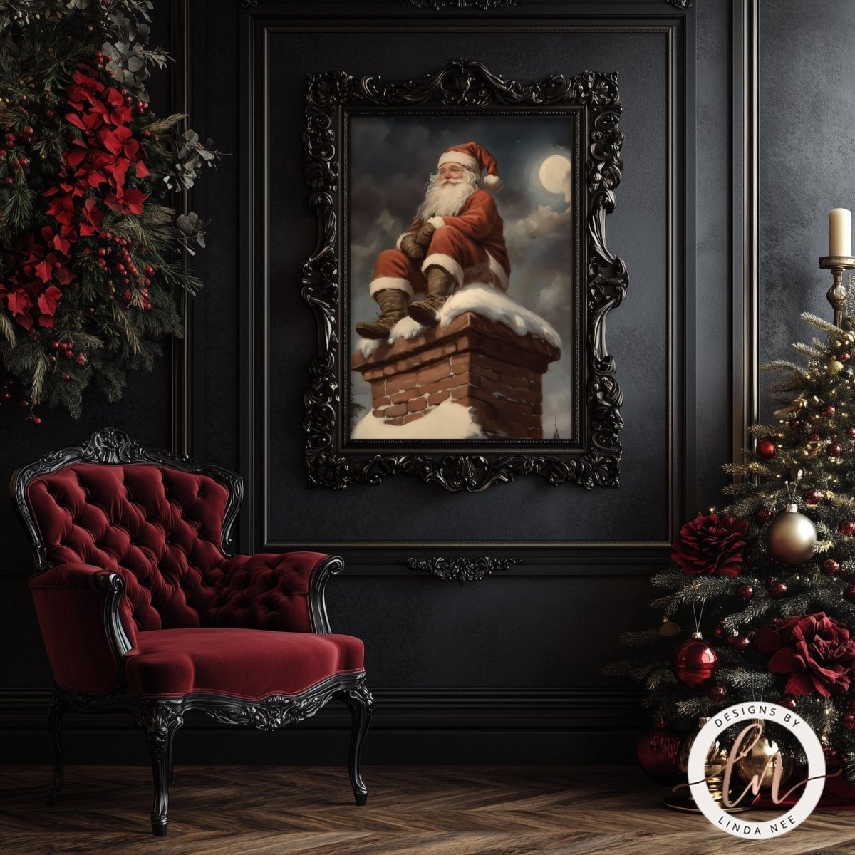 Santa chimney Christmas wall art shown with poinsettias and a red velvet chair