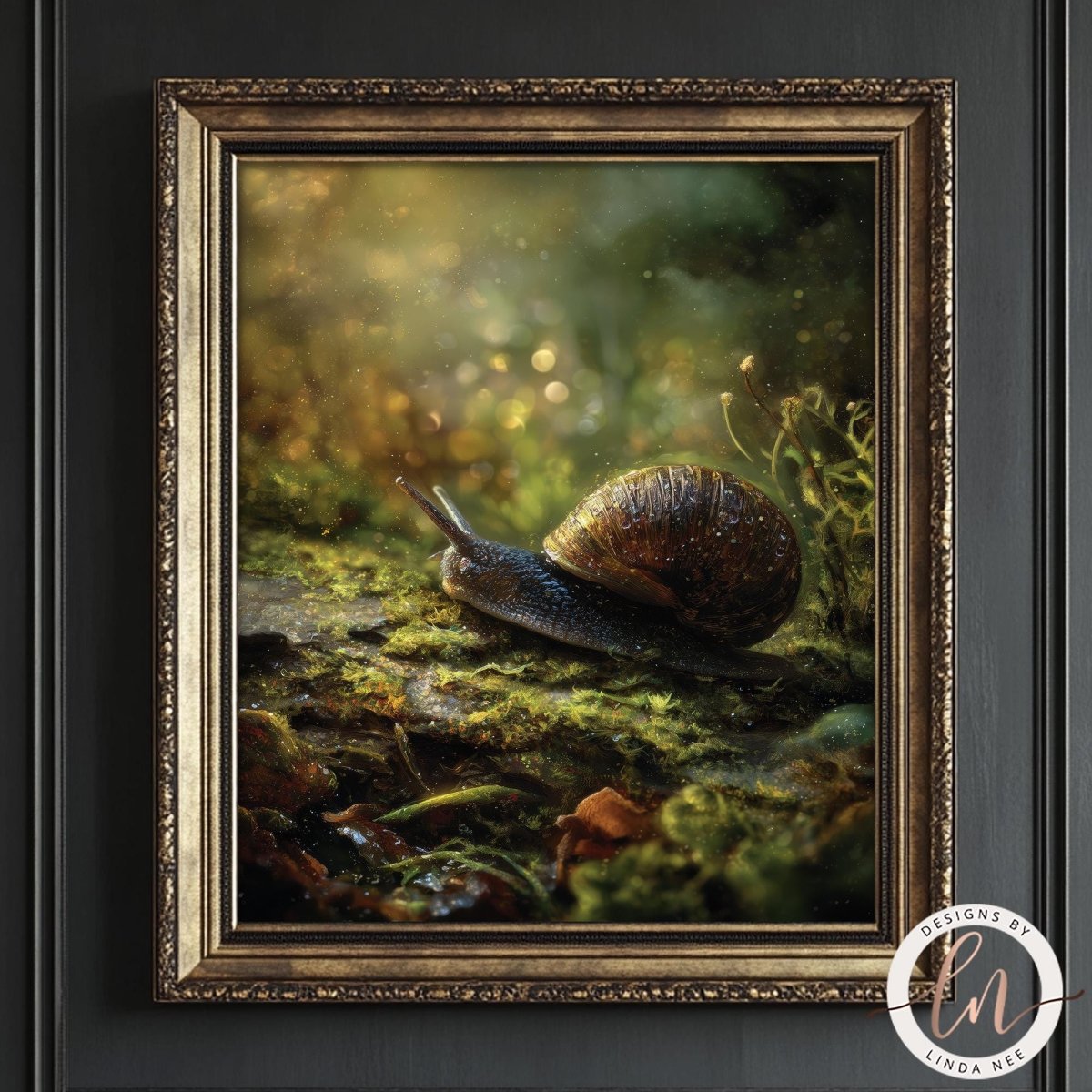 A snail with a brown shell is resting on a mossy rock in a lush, green forest.