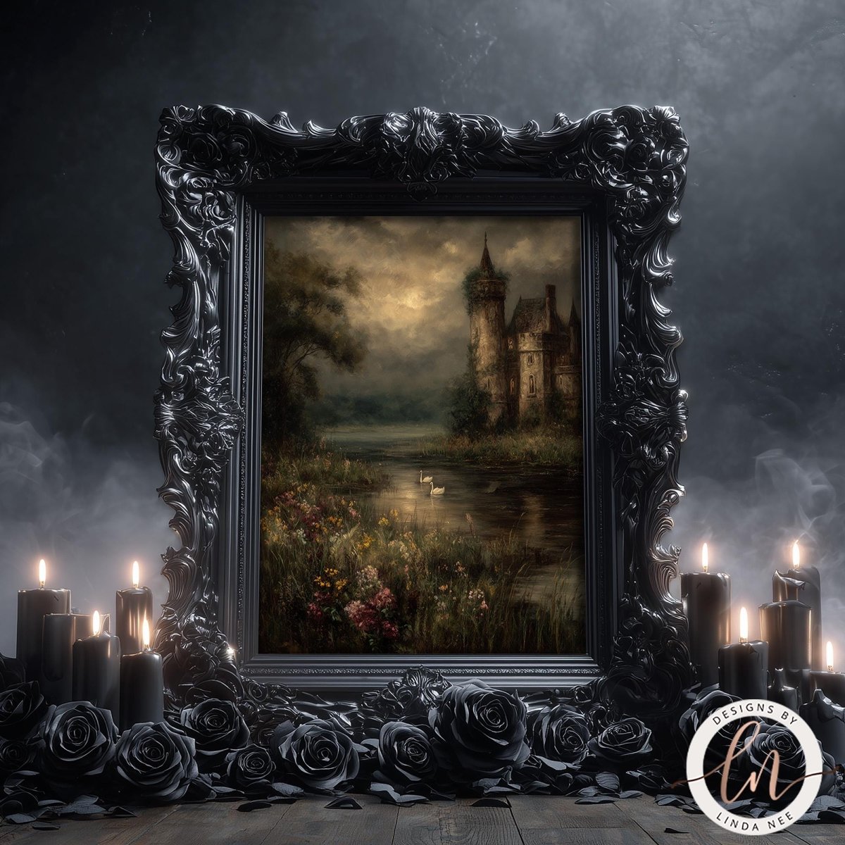 a dark, moody scene with a castle in the background, surrounded by a dark, ornate frame. The castle is surrounded by a moat and lush greenery, creating a sense of serenity and tranquility. The scene is further enhanced by the presence of candles, which cast a warm glow and add to the overall ambiance. The image is a captivating and atmospheric representation of a serene landscape, with the castle serving as the focal point.