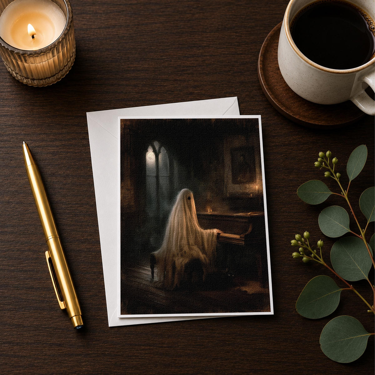 Haunted piano note card styled on a wooden desk with a candle, a pen and a coffee cup