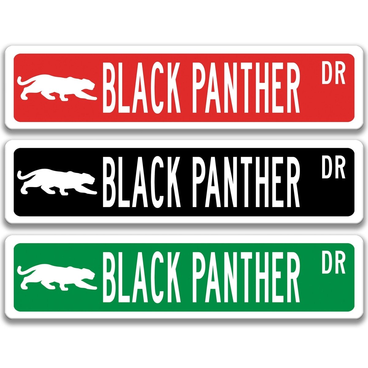 Black Panther Silhouette Street Sign in red, black, and green, reading BLACK PANTHER DR with a prowling panther silhouette