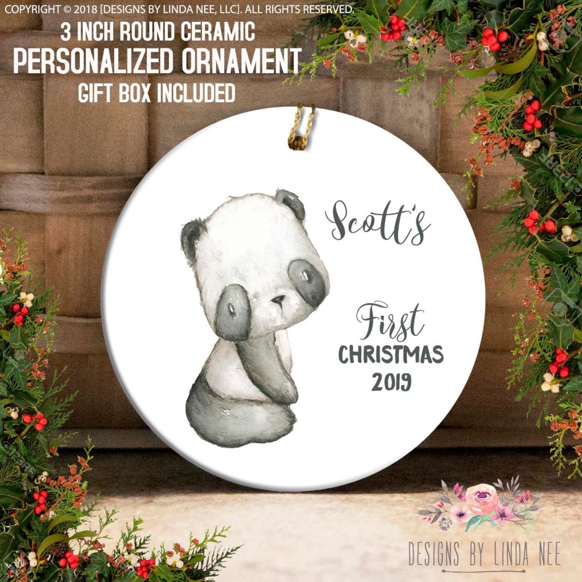 Ceramic personalized ornament with panda design and text 'Scott's First Christmas 2019' on a decorative background.