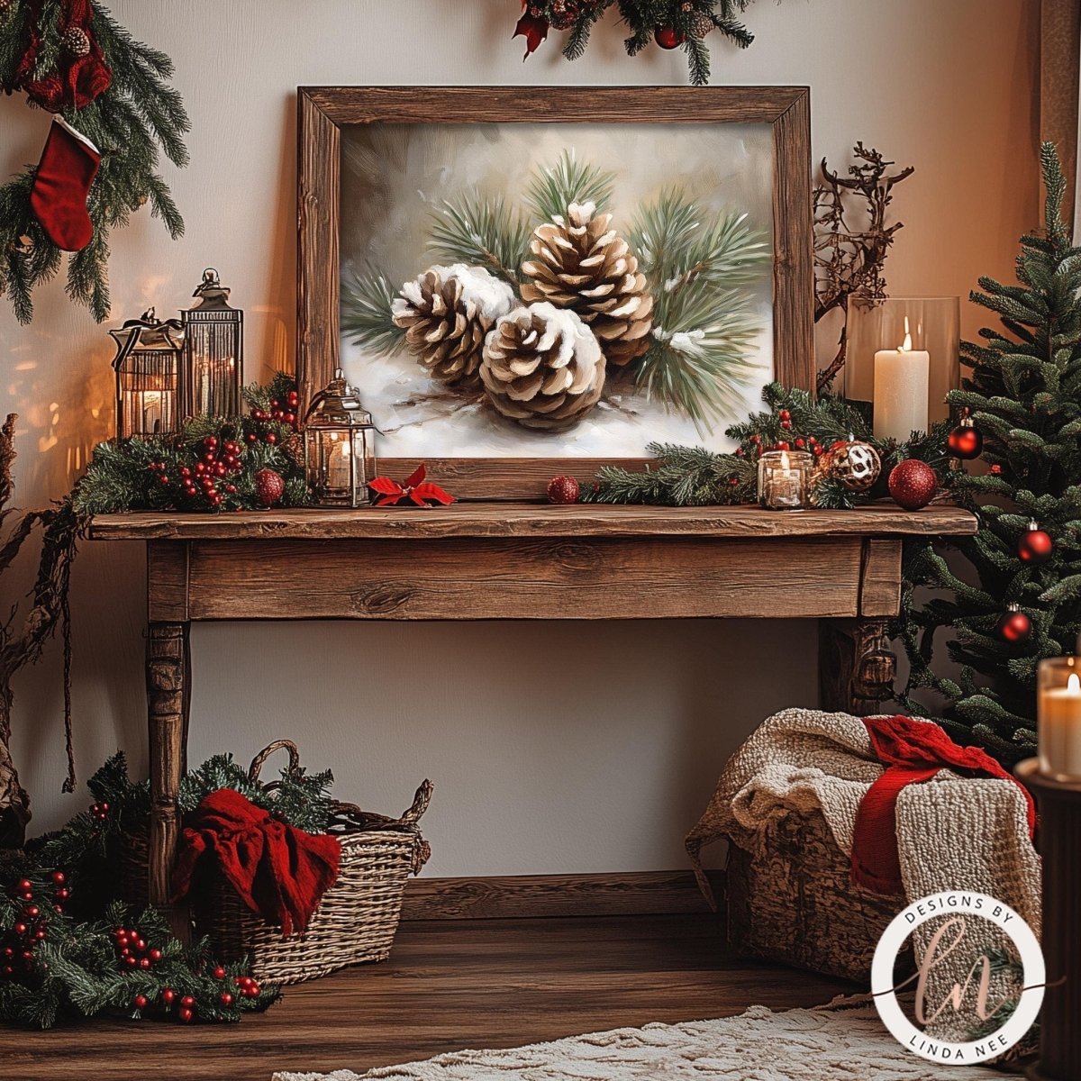 Pine cone print styled on a table with ornaments, a lit candle and red berries