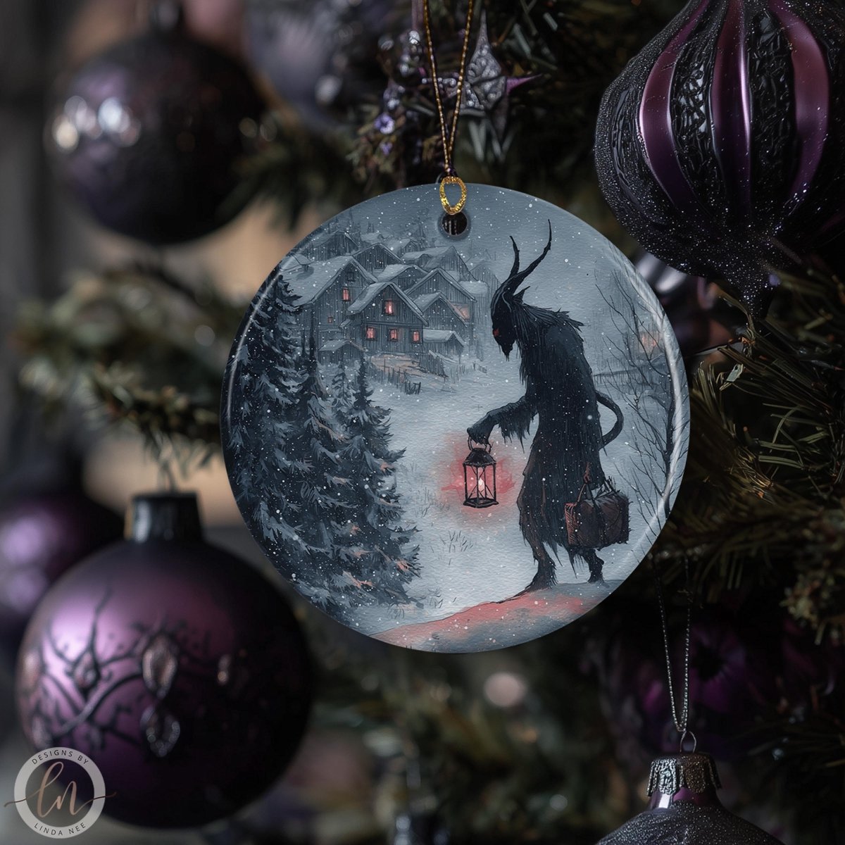 a Christmas tree decorated with various ornaments, including a large circular ornament depicting a dark figure holding a lantern and walking through a snowy landscape.
