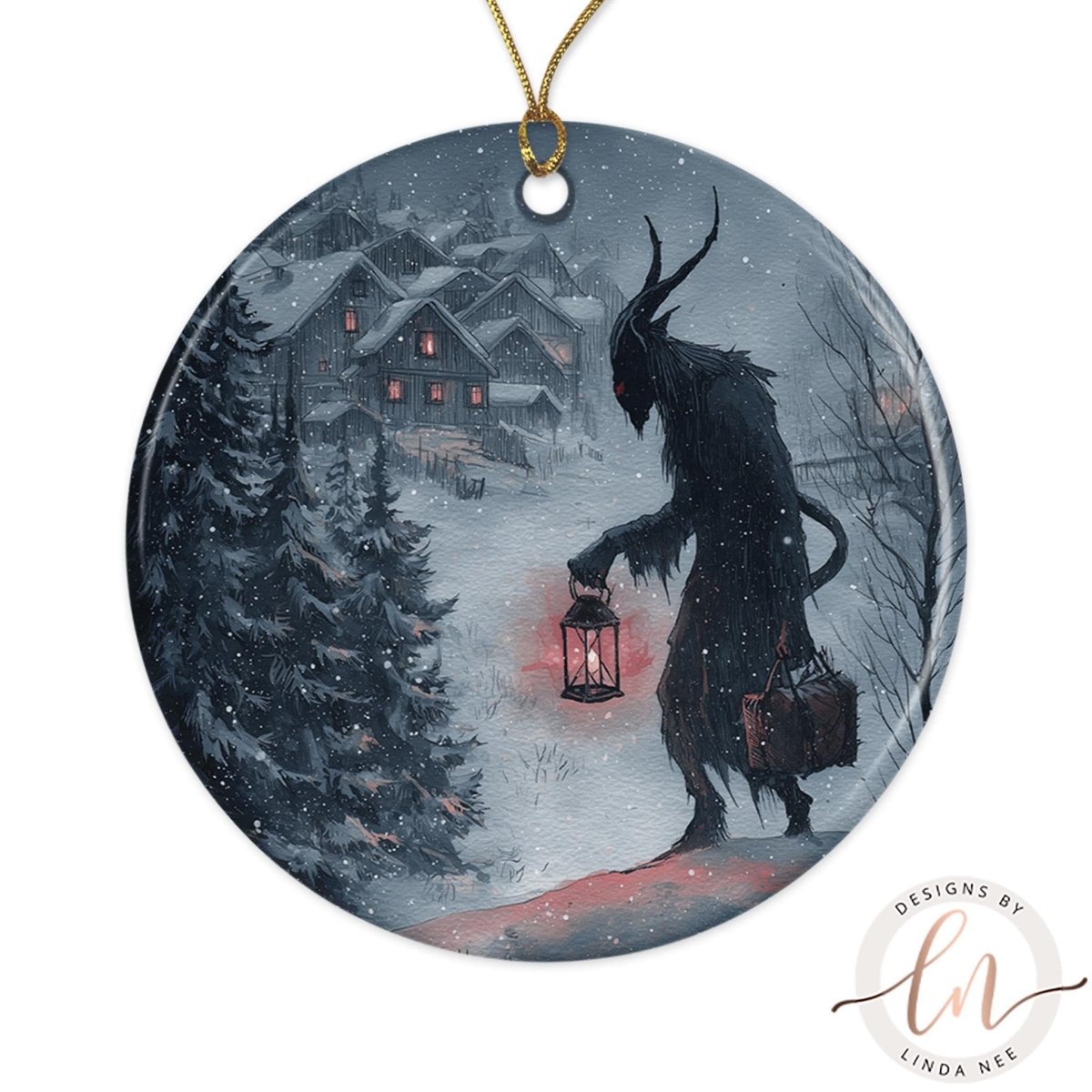 A dark, ominous figure with horns and a glowing red lantern is walking through a snowy village, with houses and trees visible in the background.