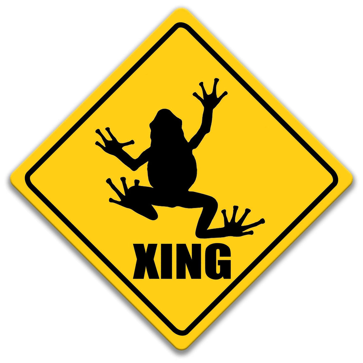 Poison Dart Frog XING crossing sign, yellow diamond sign with frog silhouette and XING lettering