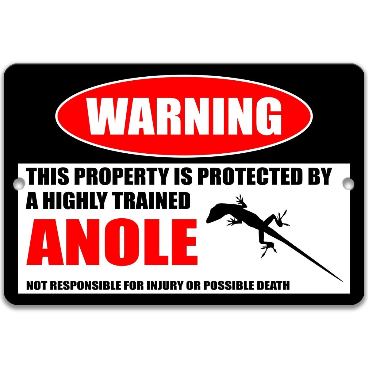 Anole Lizard warning metal sign, anole lizard silhouette beside bold red WARNING lettering, 'not responsible for injury or possible death'