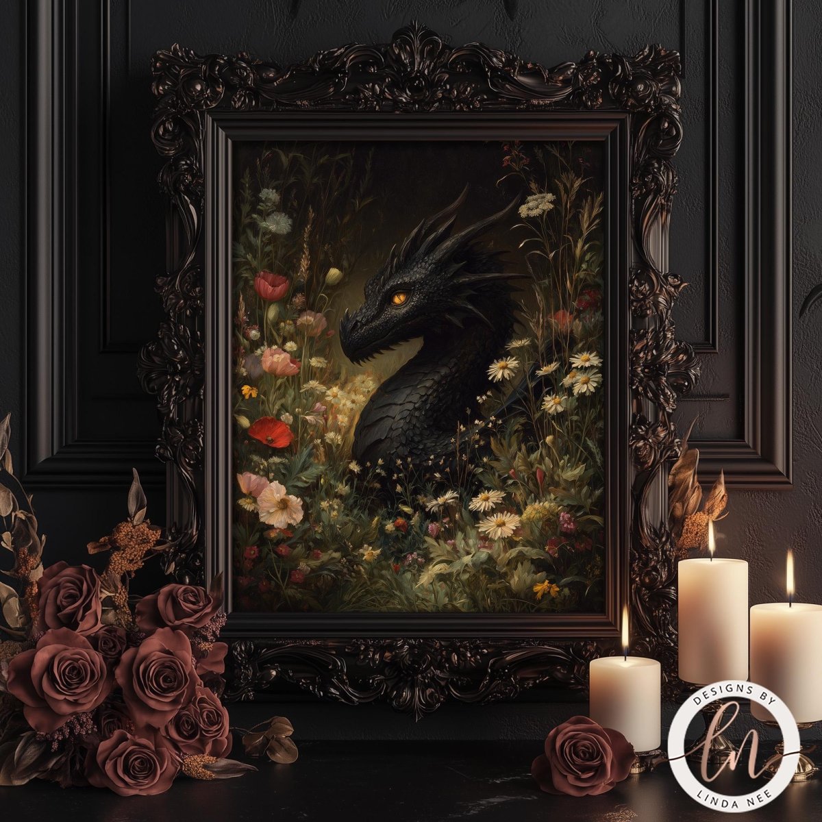 a framed painting of a black dragon surrounded by a lush garden filled with flowers and greenery. The painting is displayed on a dark background, and there are three lit candles placed next to it.