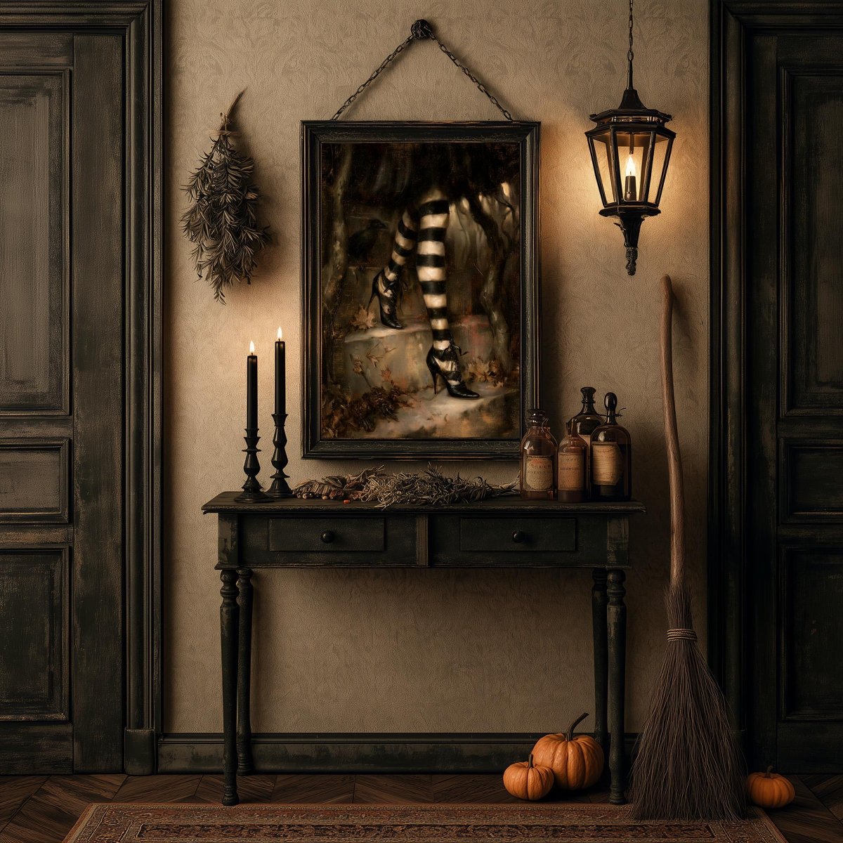 Halloween room with candles, pumpkins, a broom, and the witch legs wall art