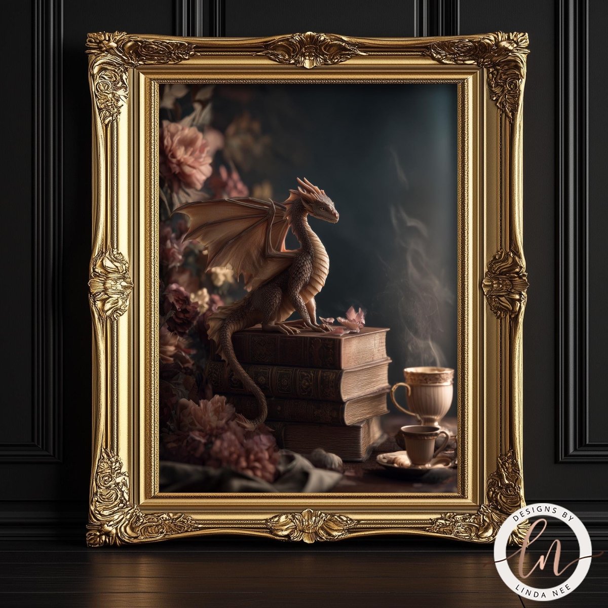A golden ornate frame holds a painting of a dragon perched on a stack of books, with a cup of tea nearby.