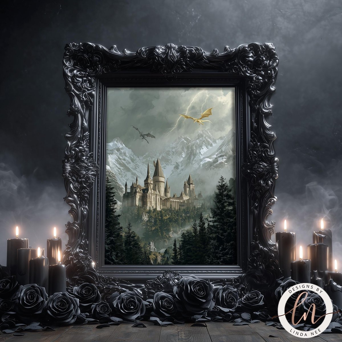 a castle surrounded by a misty landscape, with a dragon flying overhead. The castle is framed by an ornate black frame, and there are candles and rose petals scattered around the frame.
