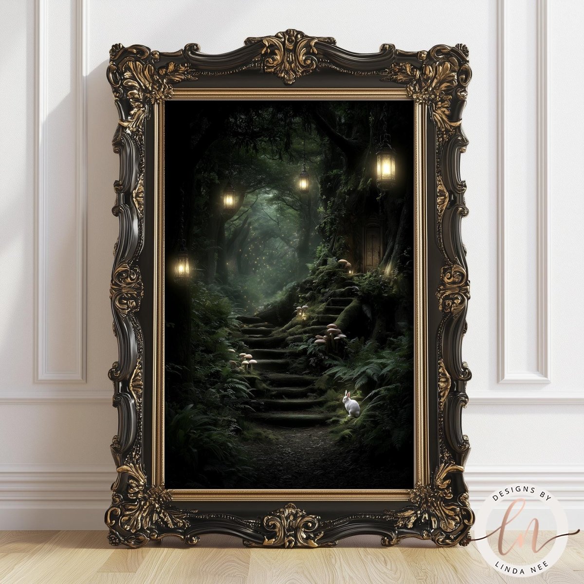 a large, ornate frame with a painting of a forest scene inside it. The painting depicts a winding path leading through a lush, green forest, with a small rabbit visible in the distance. The frame is placed on a white wall, and the painting is the main focus of the image.