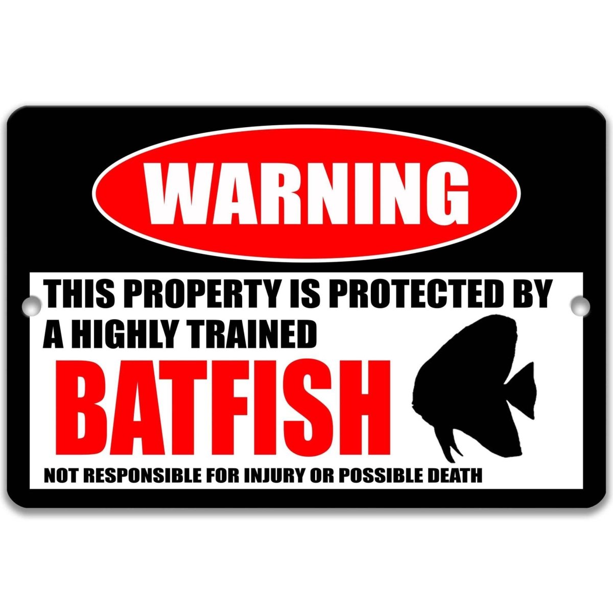Batfish warning metal sign, glossy black, red WARNING oval and disc-shaped batfish silhouette