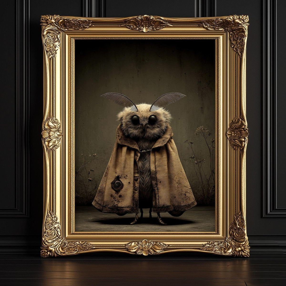 A framed image depicting a large, furry moth with a hooded cloak, standing against a dark background.