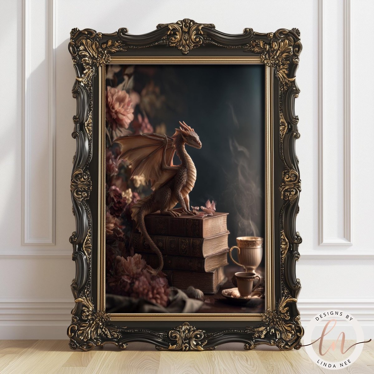 A framed painting depicting a golden dragon perched on a stack of books, surrounded by flowers and a cup of tea.