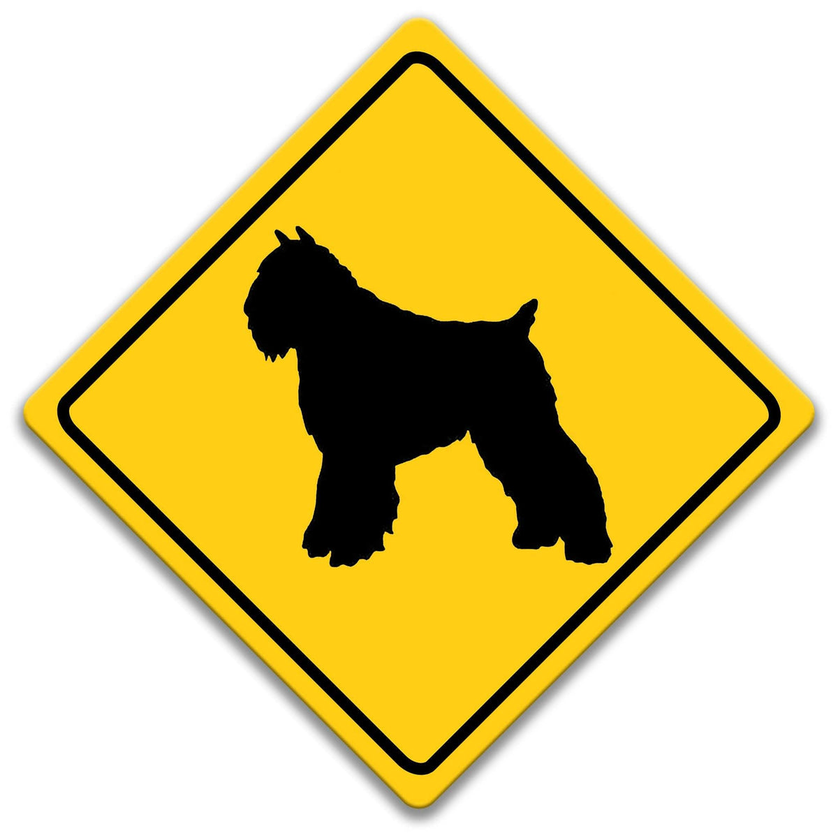 A yellow diamond-shaped road sign with a silhouette of a dog in the center.