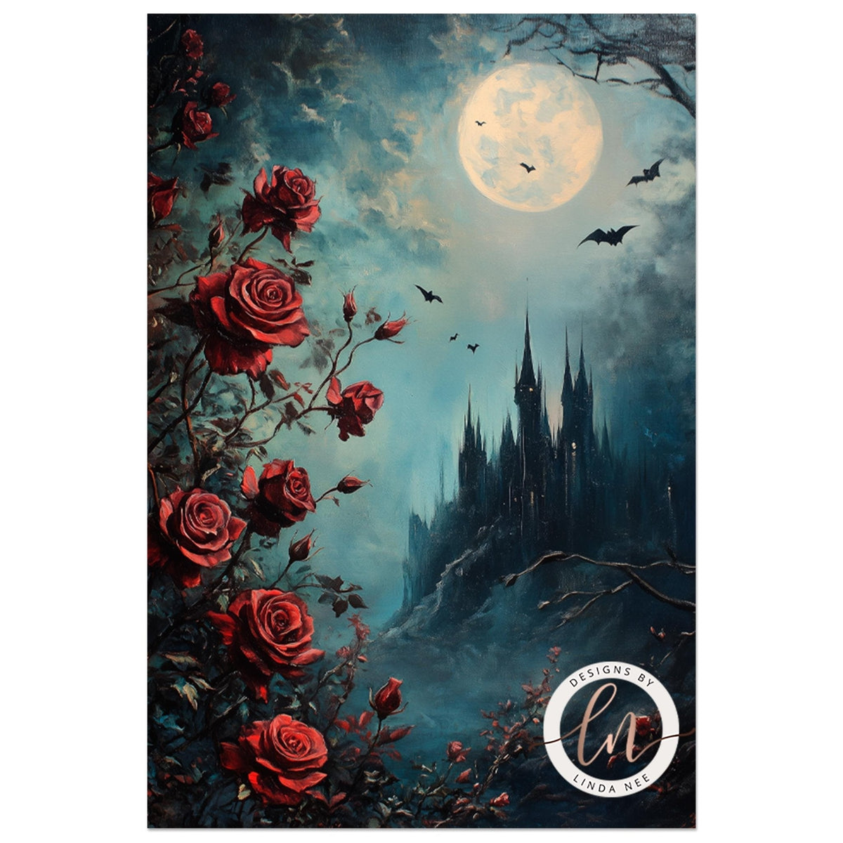 a dark, moody scene with a castle in the background, a full moon, and red roses in the foreground. The painting is framed in an ornate black frame and is displayed on a dark wall. There are also lit candles and a bouquet of roses in the foreground, creating a romantic and atmospheric setting.