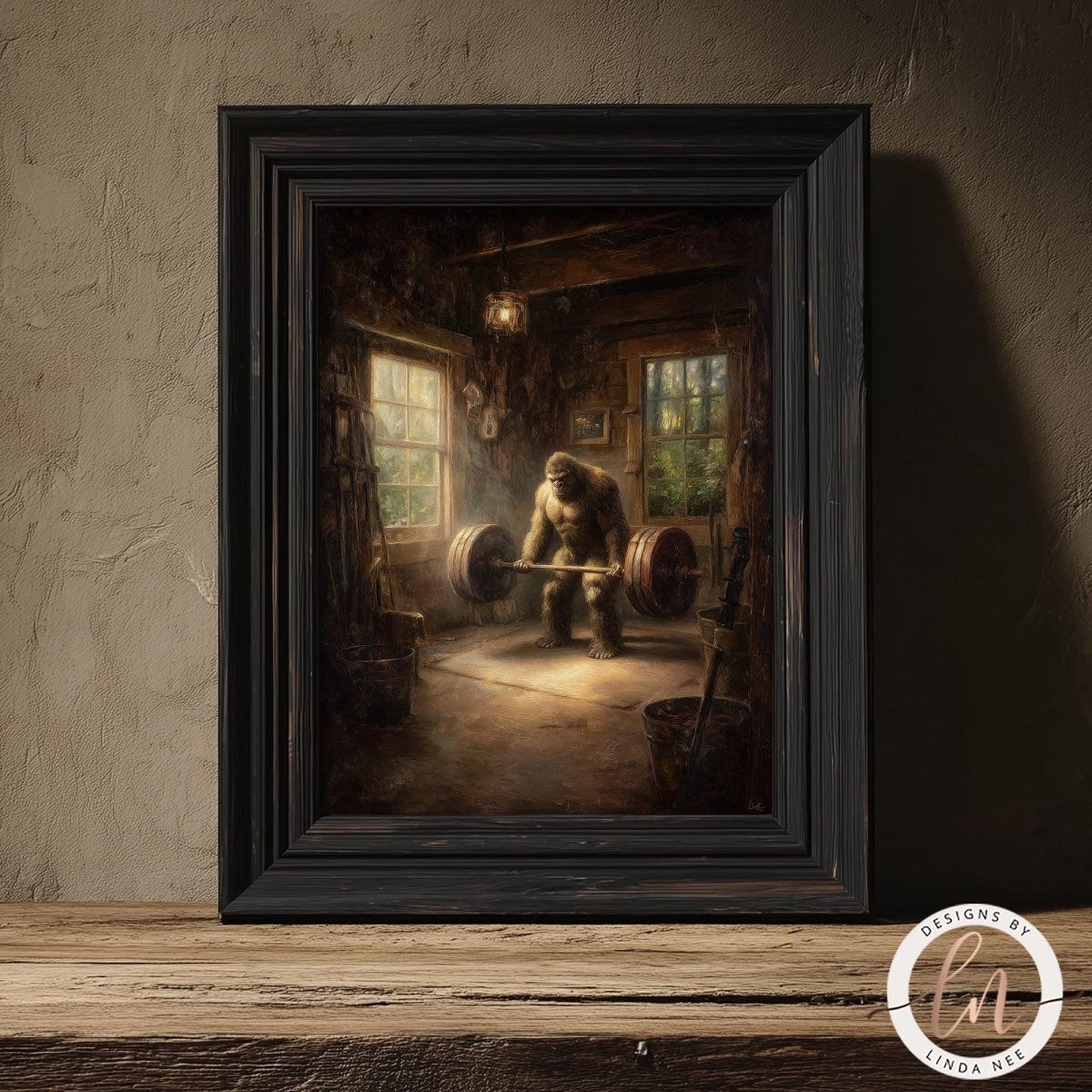 a person lifting a heavy weight in a rustic setting, with a wooden frame surrounding the artwork.