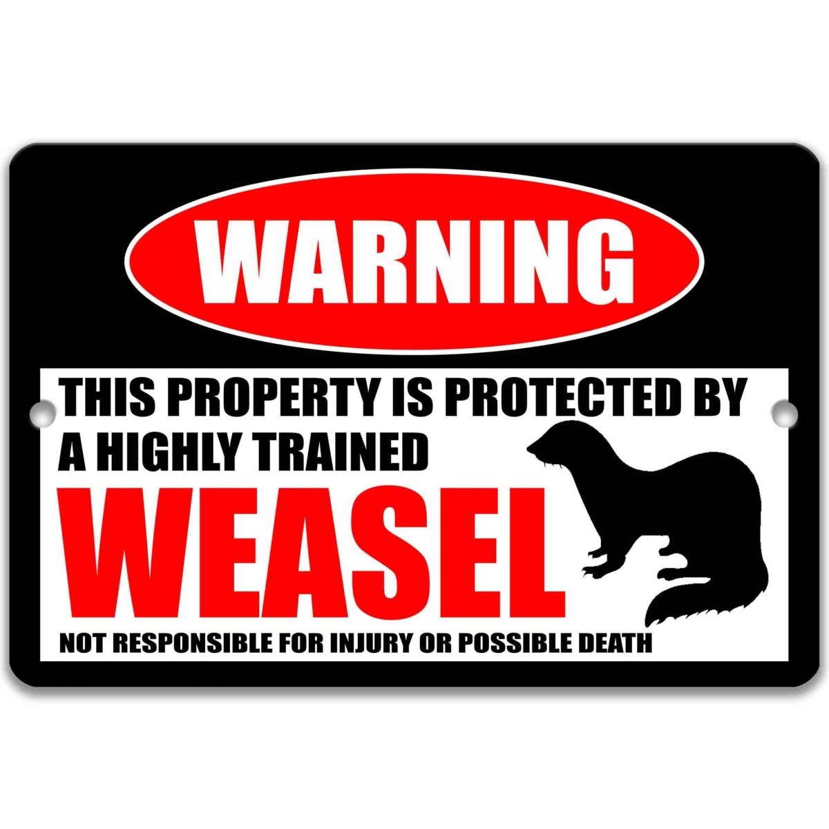 Weasel warning metal sign, glossy black, red WARNING oval and slender weasel silhouette
