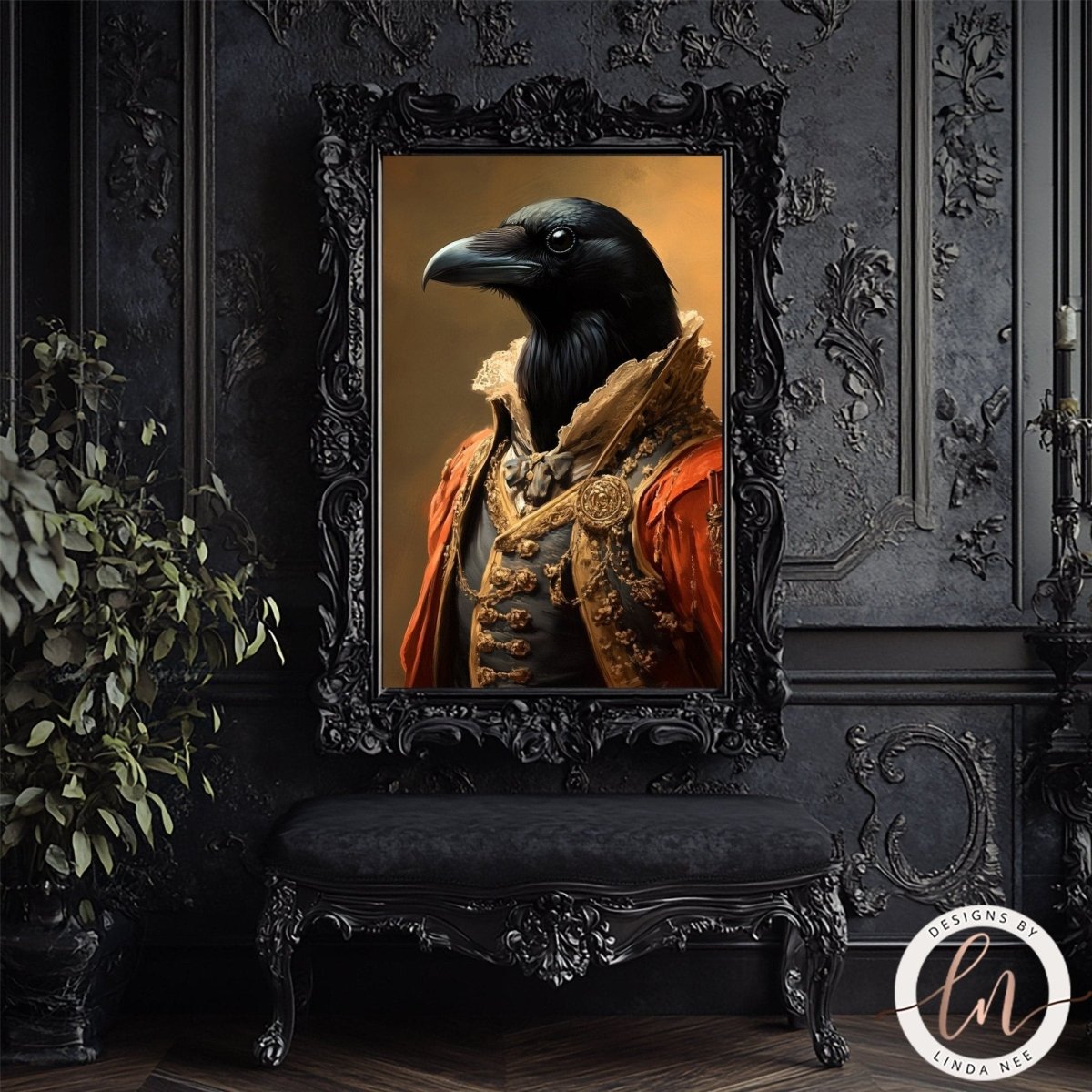 Victorian raven artwork displayed in an ornate black frame