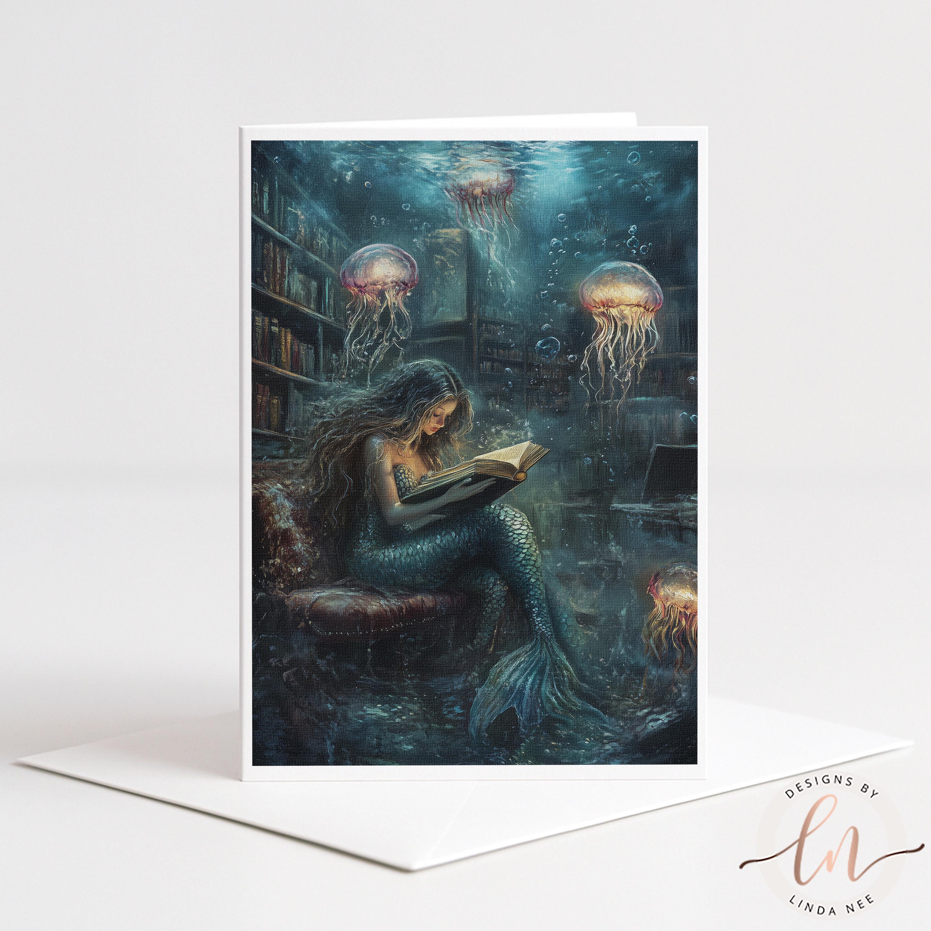 A mermaid is reading a book while surrounded by jellyfish in a fantastical underwater scene.