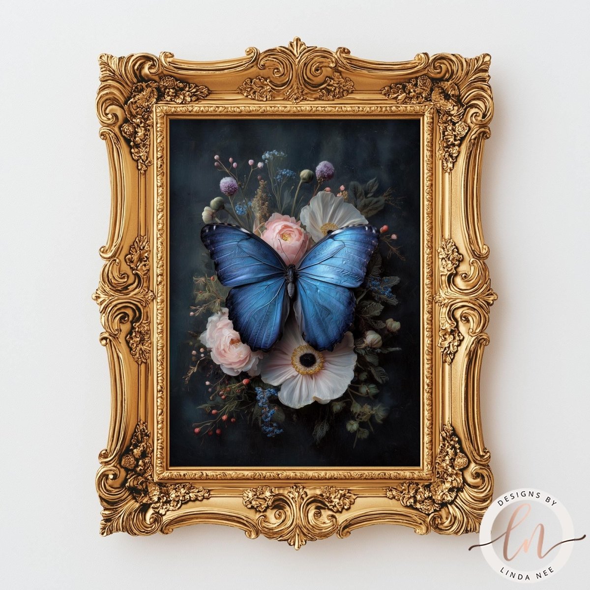 a beautiful blue butterfly resting on a floral arrangement, which is displayed in an ornate gold frame.