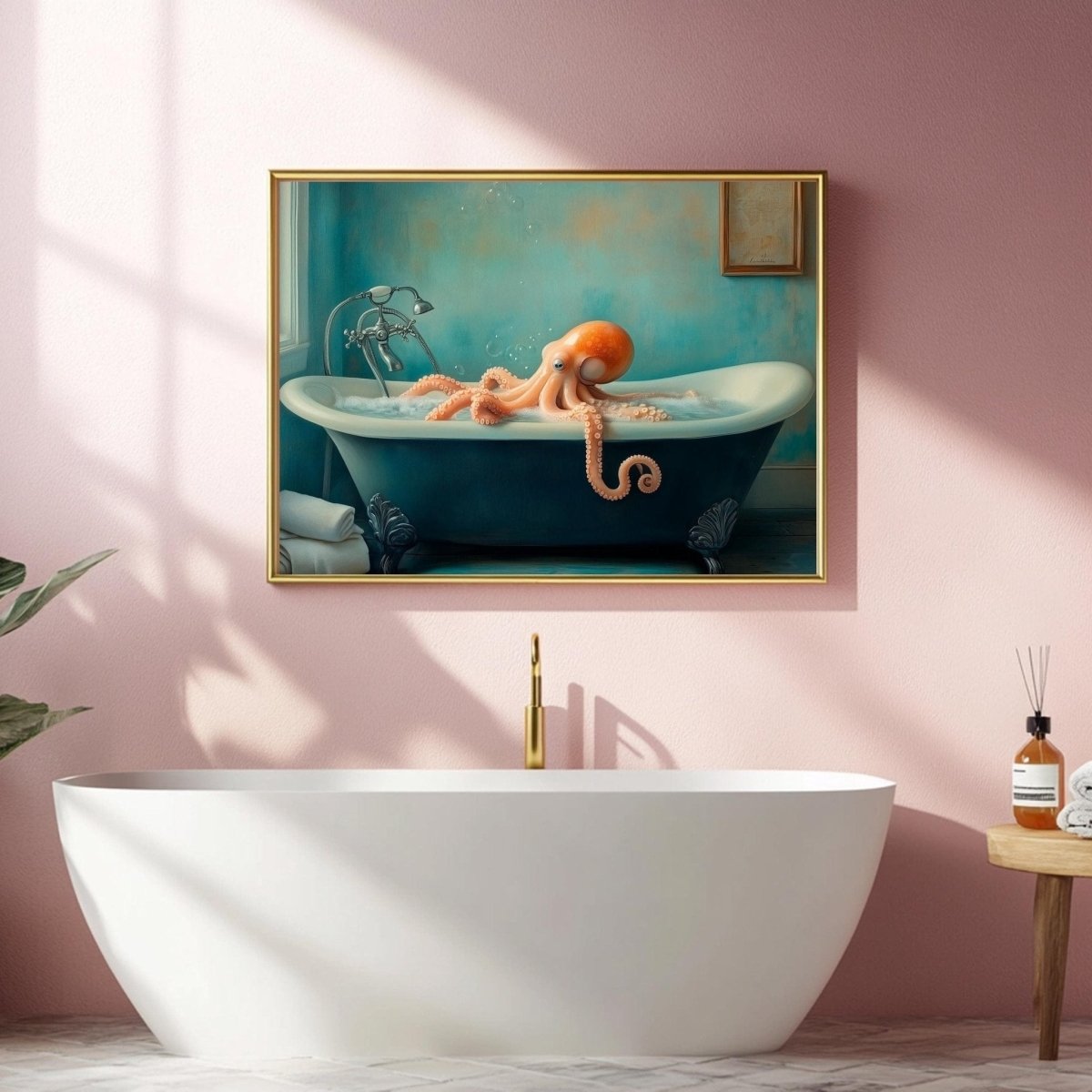 Octopus wall art displayed above a white freestanding bathtub on a pink wall