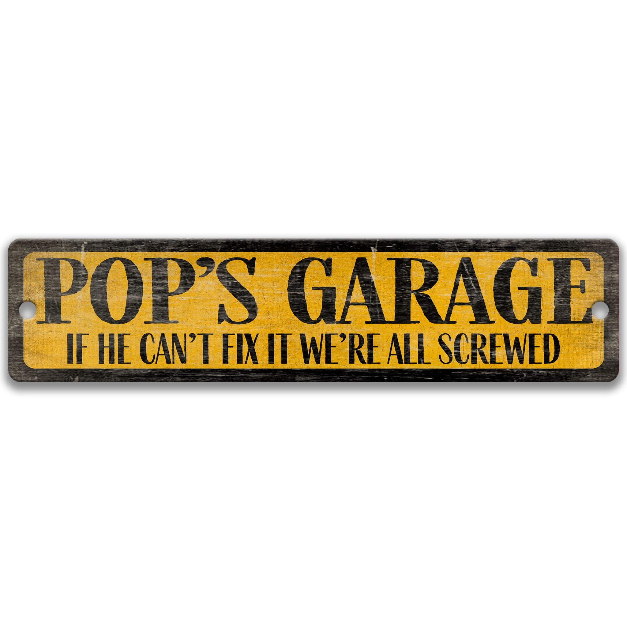 a sign with the text "POP'S GARAGE" in bold black letters on a yellow background.