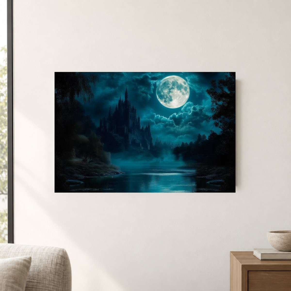 a serene night scene with a large full moon illuminating a castle-like structure on a lake.