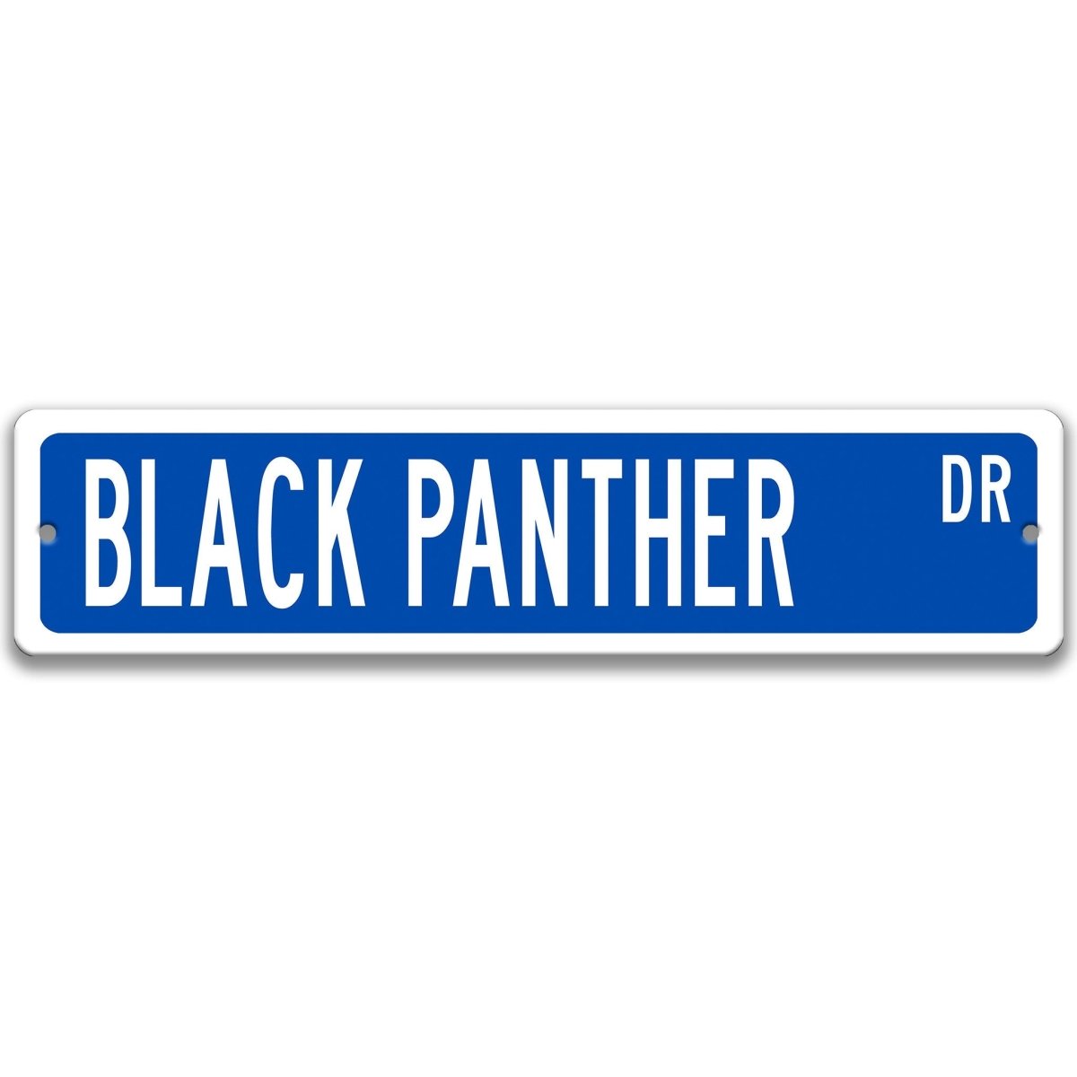 Black Panther metal street sign with a blue background reading BLACK PANTHER DR