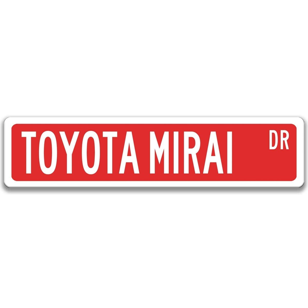 Red metal street sign with white text reading TOYOTA MIRAI DR