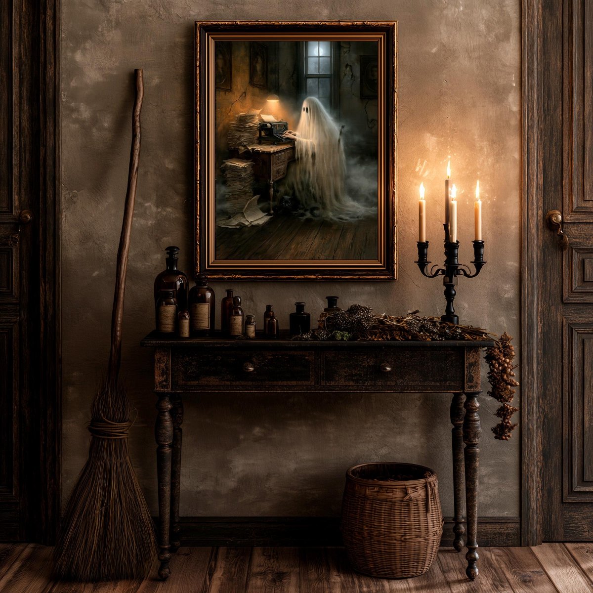 Ghost writer art print in a gothic Halloween setting with a broom and candles