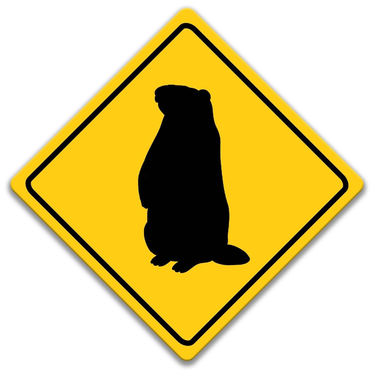 a yellow diamond-shaped sign with a black silhouette of a groundhog in the center.