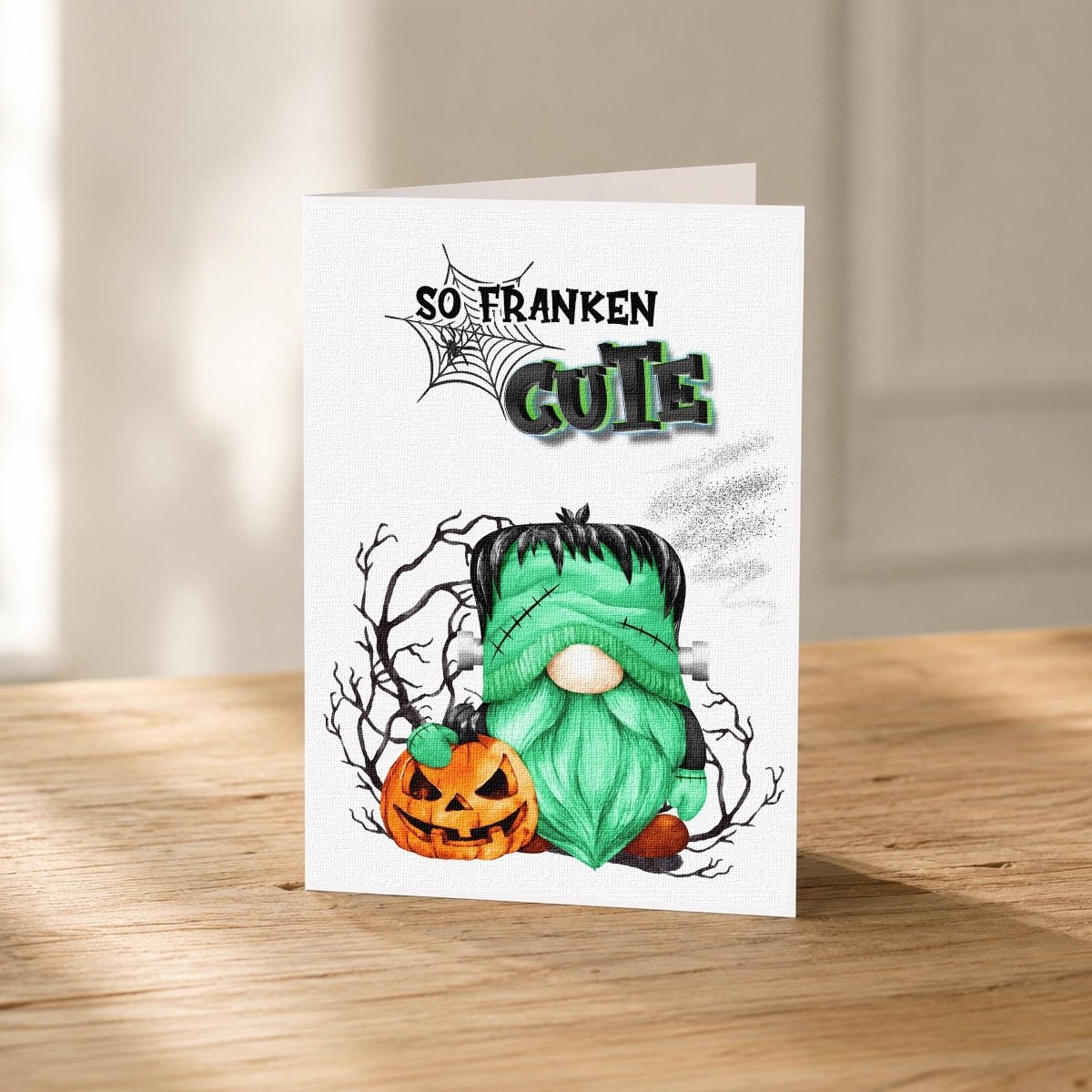 Close-up of the So Franken Cute Halloween Gnome Card showing the green gnome and jack-o'-lantern artwork.