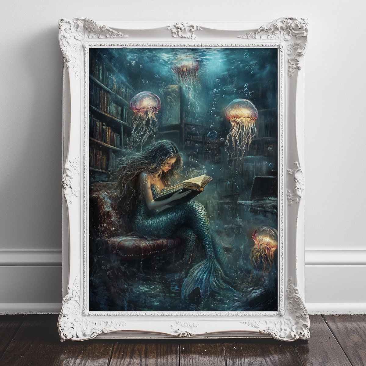A mermaid is sitting in a chair and reading a book, surrounded by jellyfish floating around her.