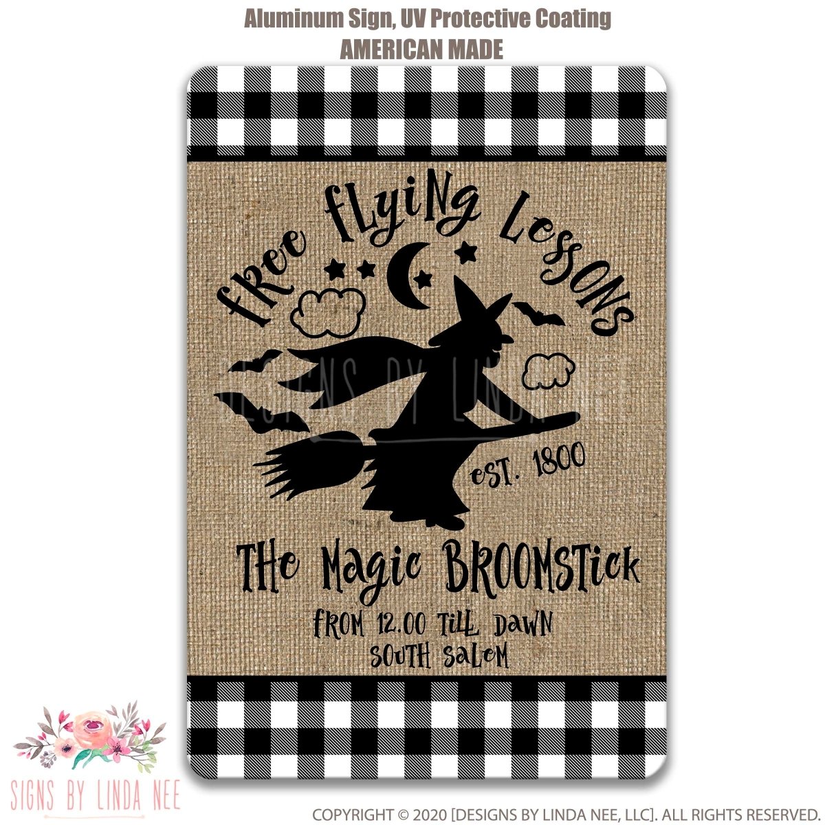 The image is a sign for "The Magic Broomstick" that is "Est. 1800" and "From 12.00 till Dawn South Salem". The sign is made of burlap and has a black and white checkered border.