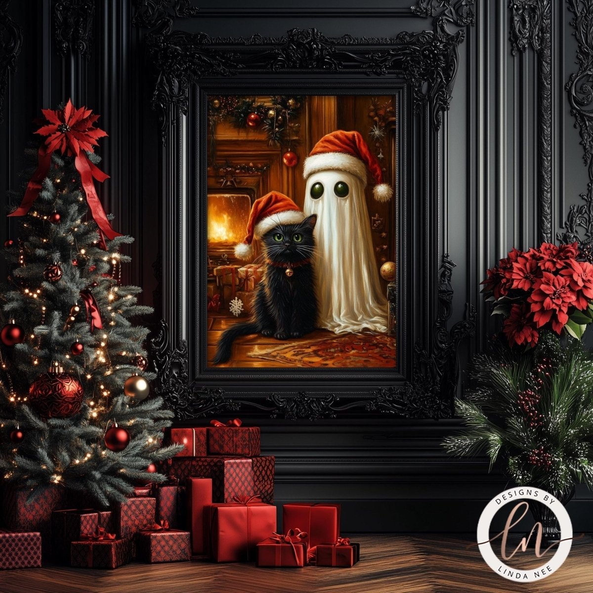 Ghost and black cat artwork displayed with a Christmas tree, presents and fireplace
